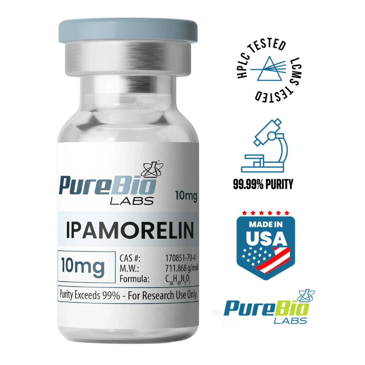 Ipamorelin vial 10mg lyophilized peptide for research with 99% purity