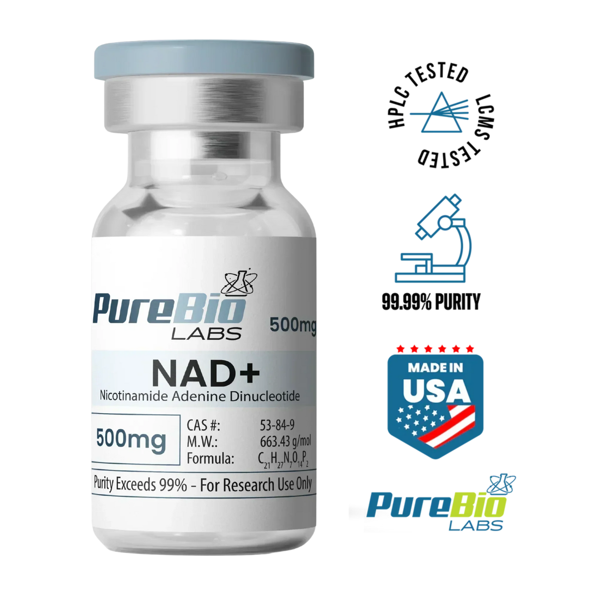 NAD+ VIAL 500mg pure lyophilized powder for research with over 99% purity in sterile sealed vial