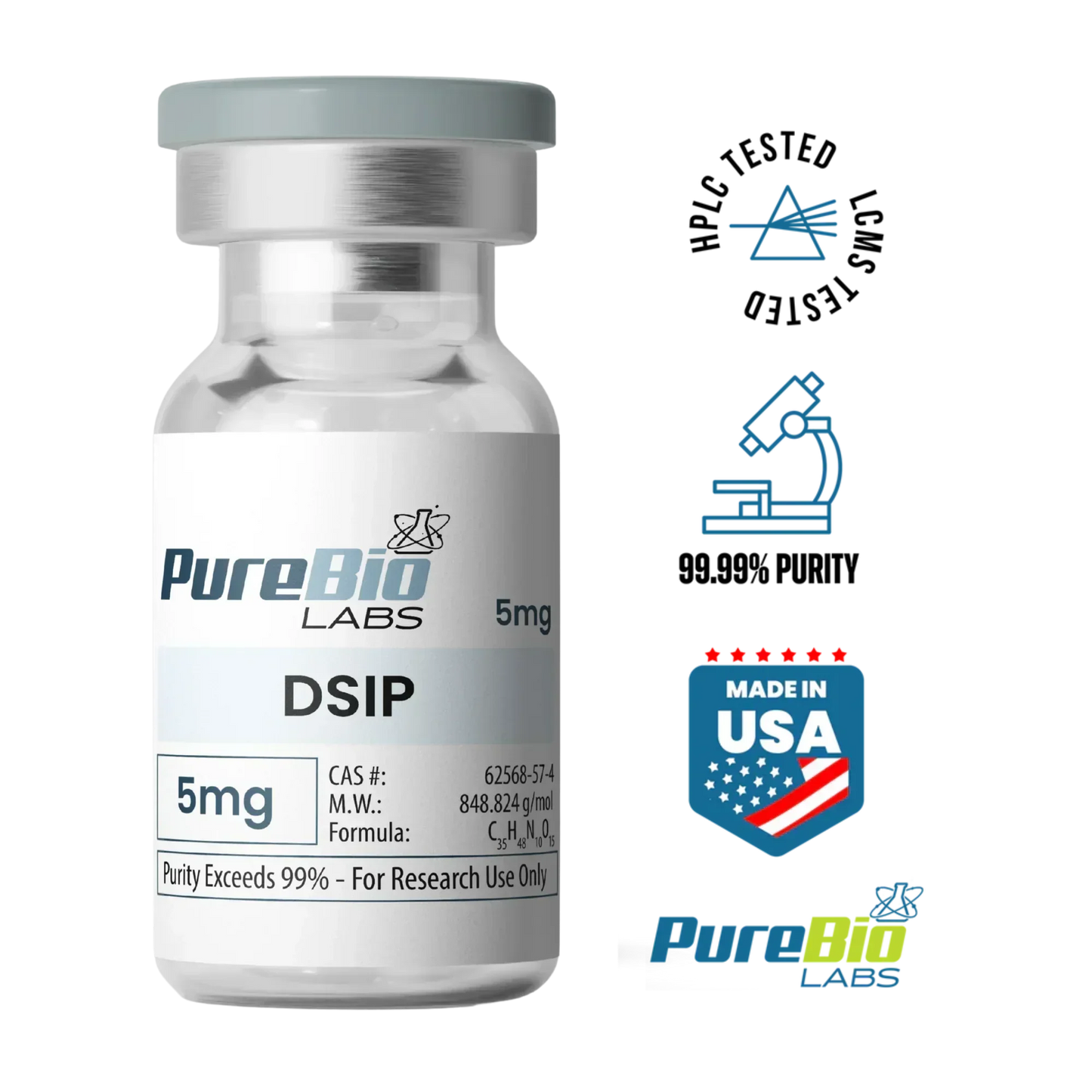 DSIP vial 5mg lyophilized peptide powder for lab research with over 99% purity in sealed sterile container