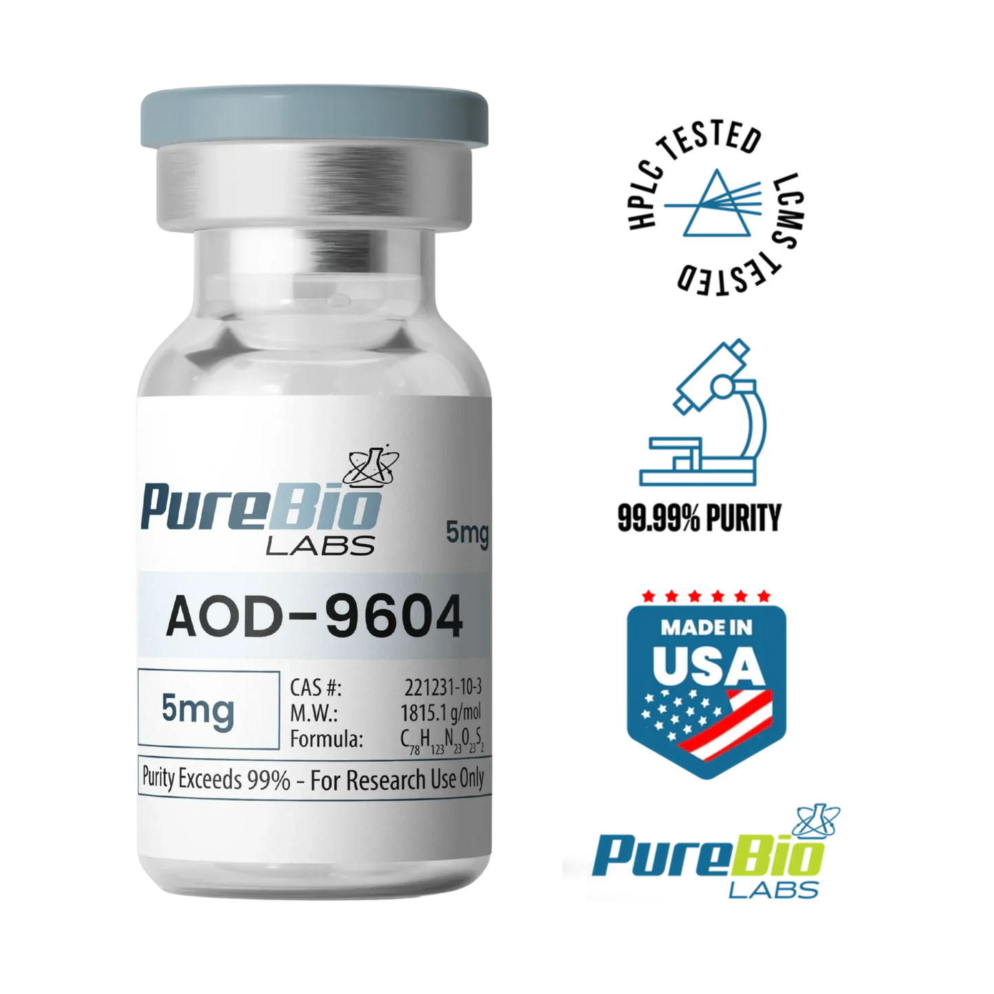 AOD-9604 VIAL 5mg high-purity lyophilized peptide for lab research in sterile sealed vial