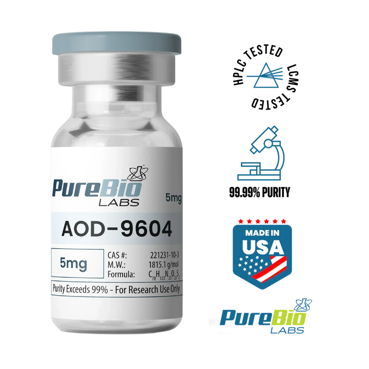 AOD-9604 VIAL 5mg high-purity lyophilized peptide for lab research in sterile sealed vial