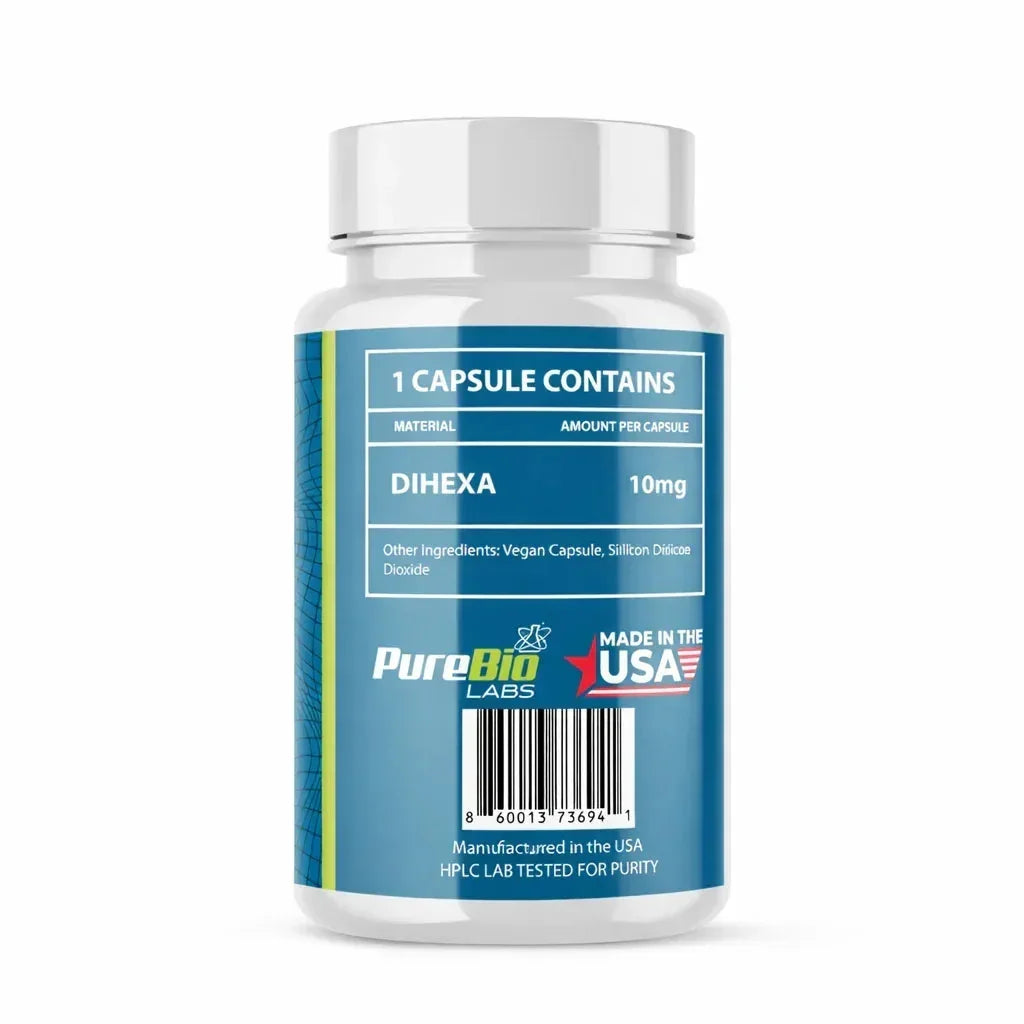 Dihexa research capsules bottle, rear label with research use only statement, Pure Bio Labs