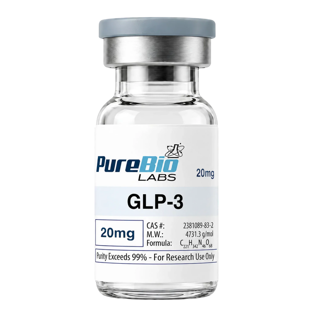 GLP-3 20mg research peptide vial with label details including formula and purity