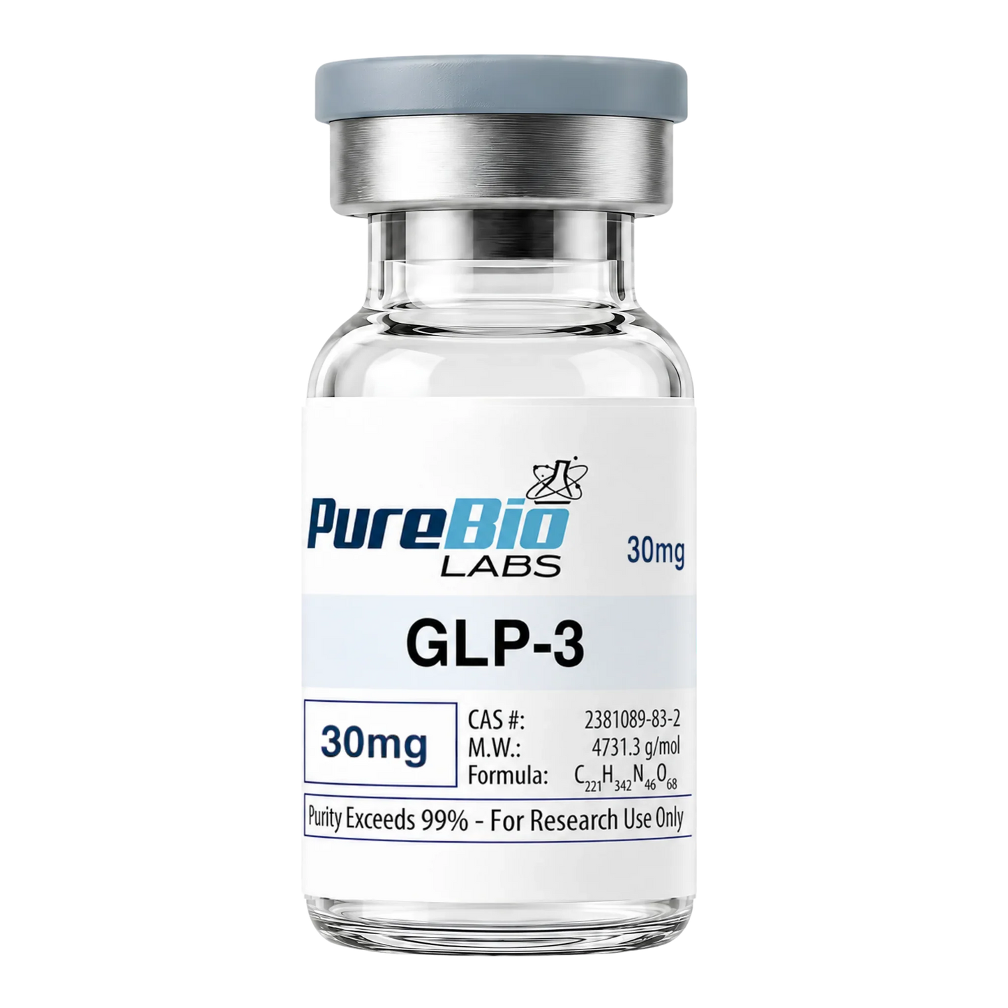 GLP-3 vial 30mg lyophilized peptide powder for research with over 99% purity