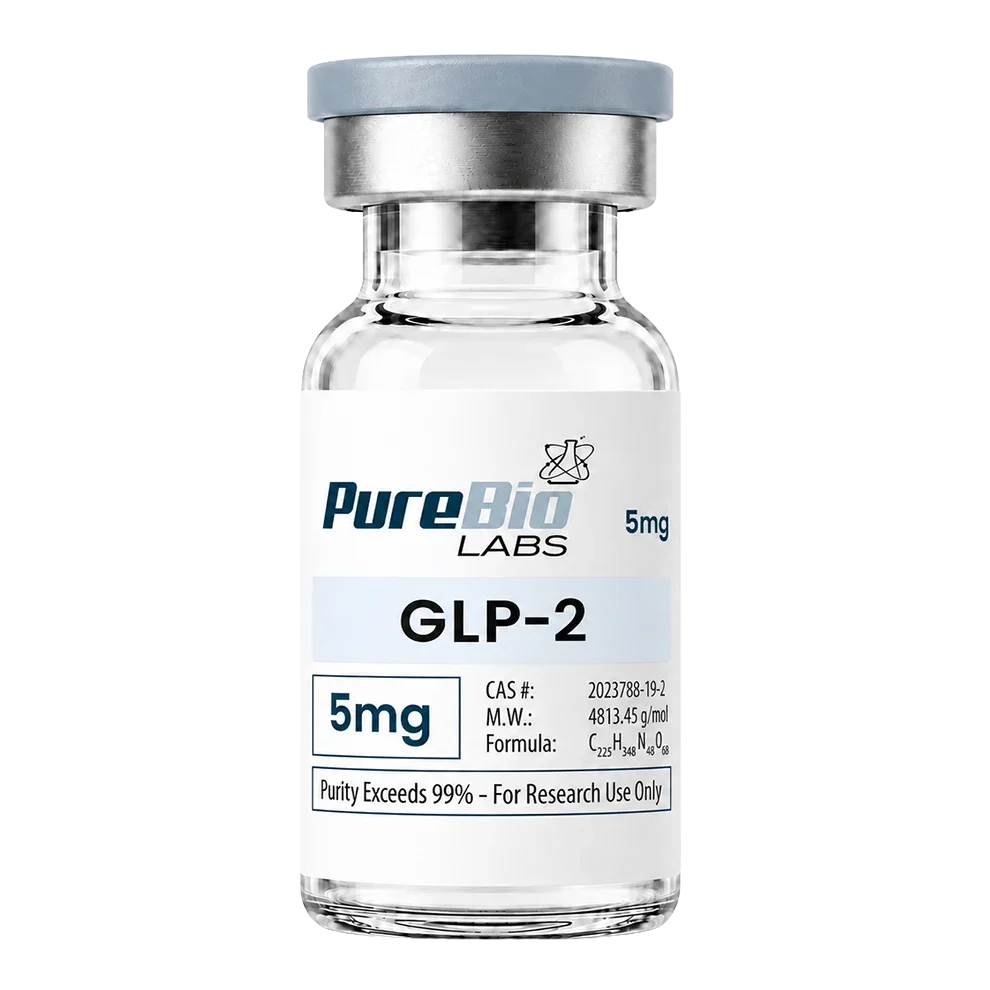A glass vial of Pure Bio Labs GLP-2 5mg with a white label, silver metal collar, and gray cap on a white background.