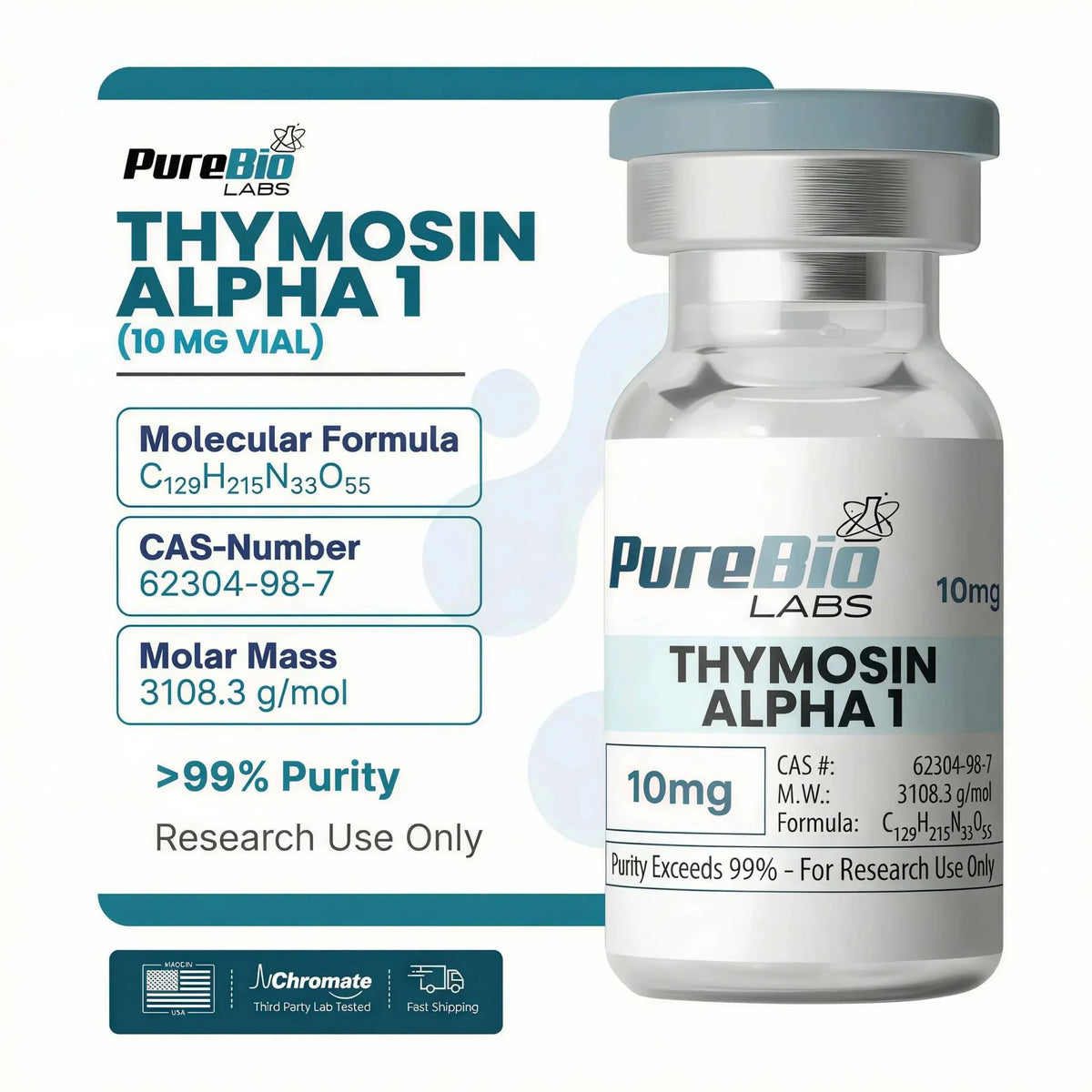 Thymosin Alpha 1 10mg product card with purity and testing detail