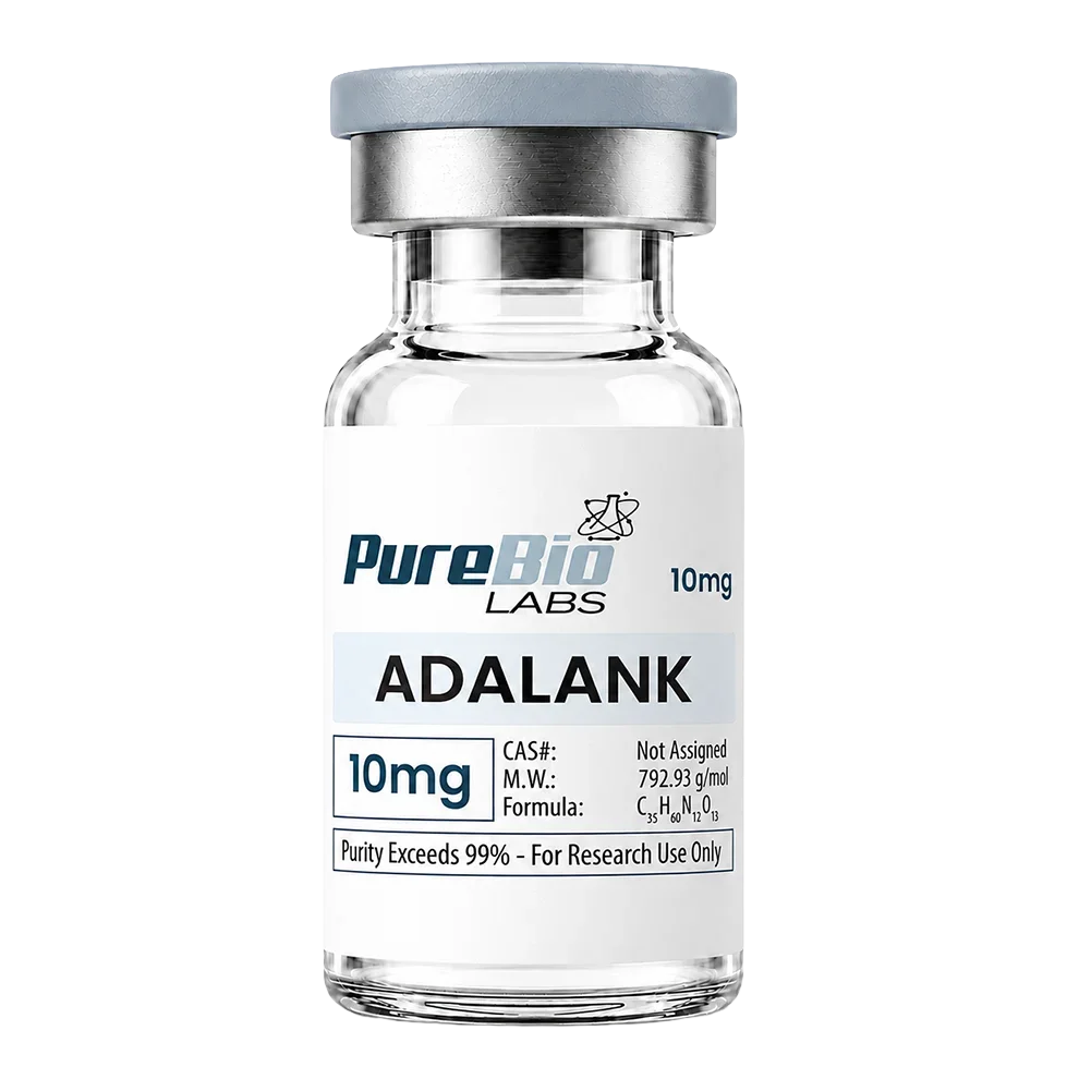 A glass vial of Pure Bio Labs Adalank 10mg with a white label, silver metal collar, and gray cap on a white background.