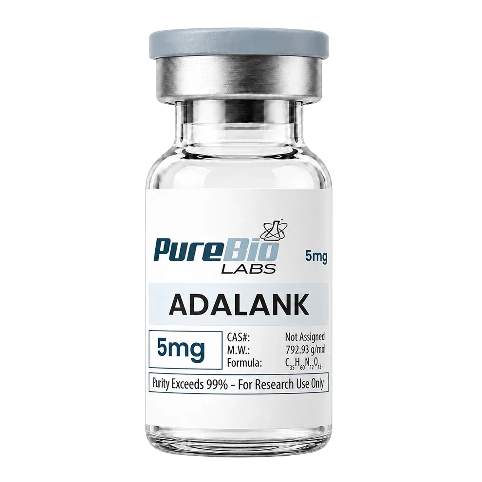 A glass vial of Pure Bio Labs Adalank 5mg with a white label, silver metal collar, and gray cap on a white background.
