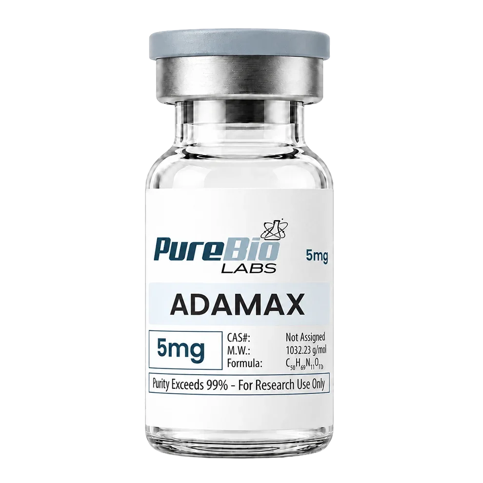 A glass vial of Pure Bio Labs Adamax 5mg with a white label, silver metal collar, and gray cap on a white background.
