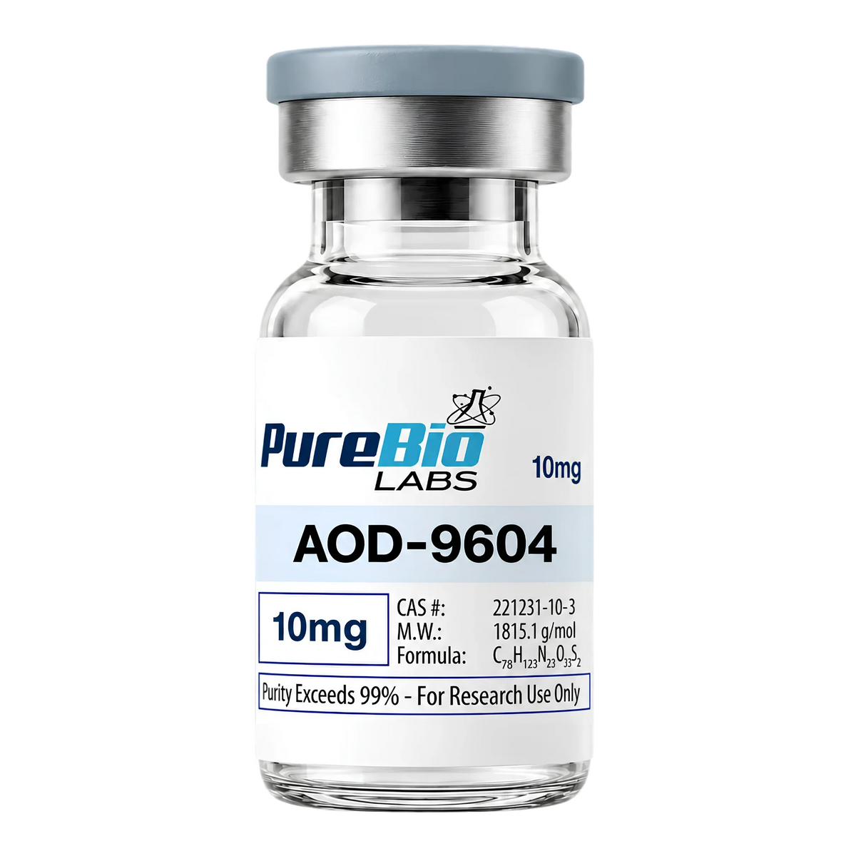 AOD-9604 research peptide vial, 10mg lyophilized powder, Pure Bio Labs