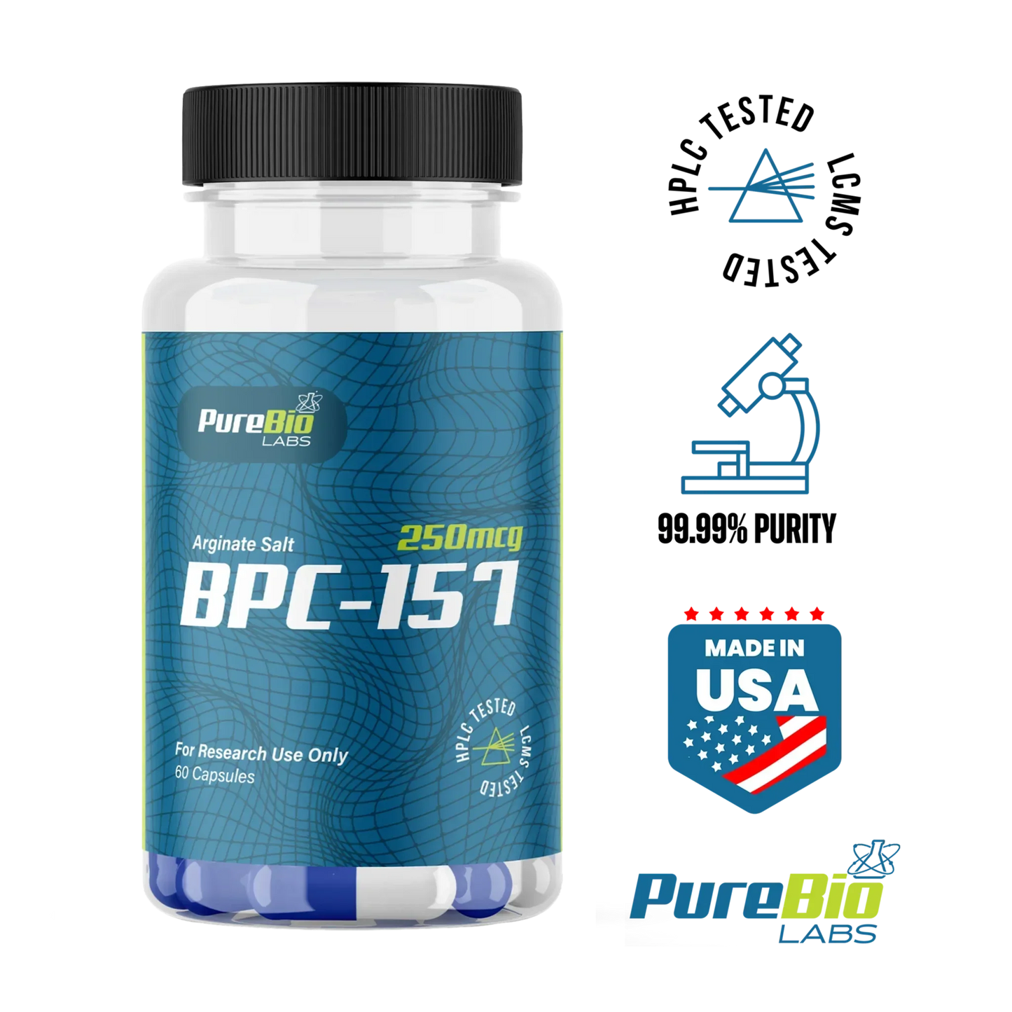 Pure Bio Labs quality badges: USA made, HPLC and LC-MS tested, research use only