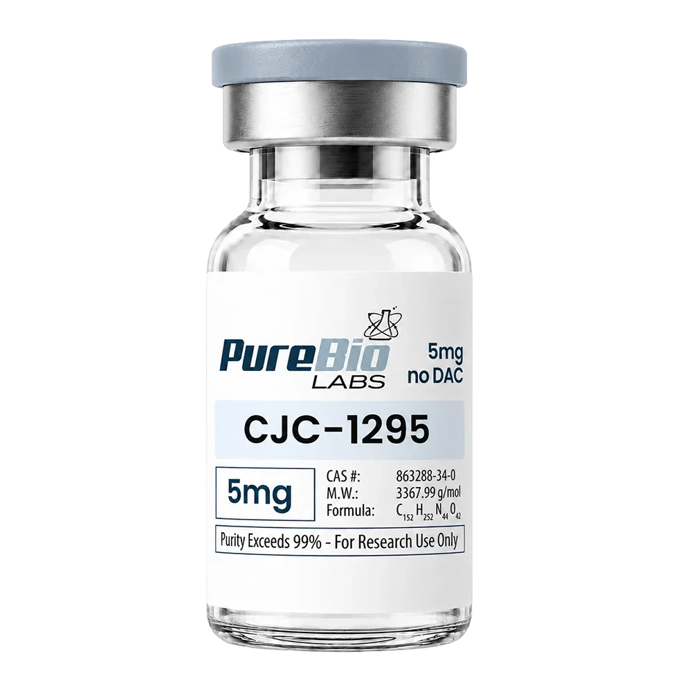 A glass vial of Pure Bio Labs CJC-1295 5mg with a white label, silver metal collar, and gray cap on a white background.