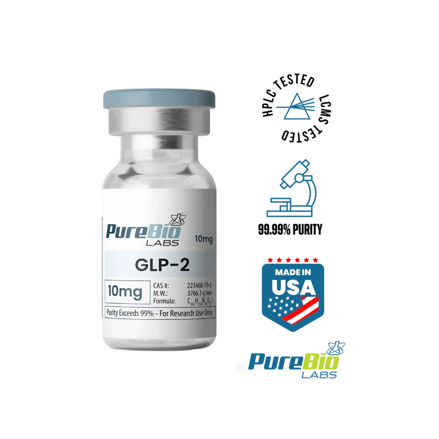 GLP-2 vial 10mg lyophilized peptide powder in sterile sealed container for research use