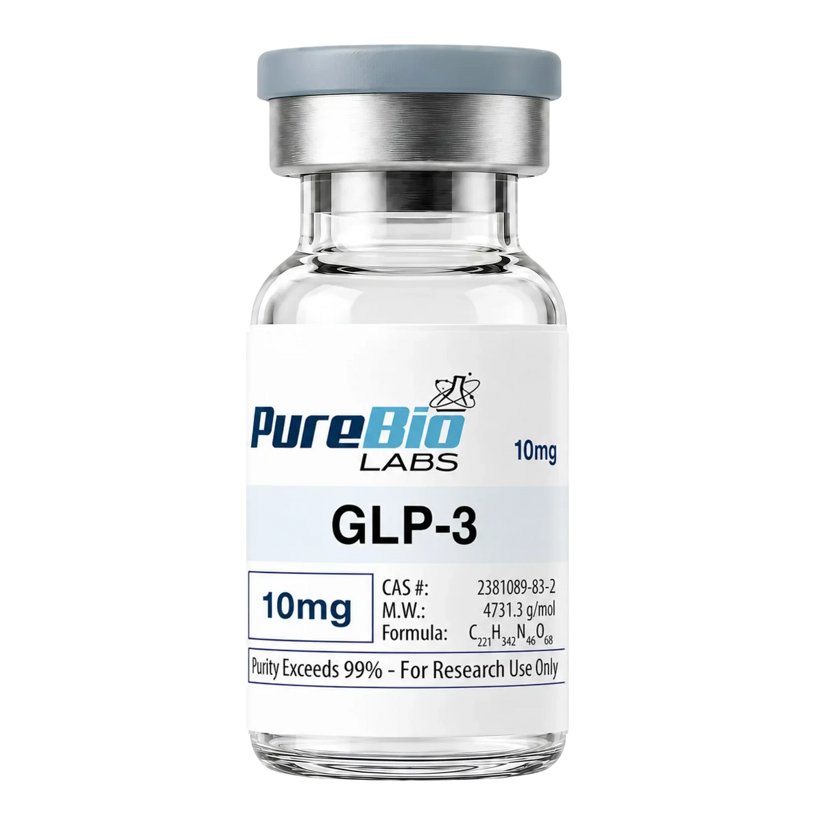 Vial labeled 'GLP-3' from PureBio Labs on a white background