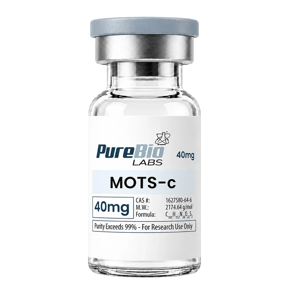 A glass vial of Pure Bio Labs MOTS-c 40mg with a white label, silver metal collar, and gray cap on a white background.