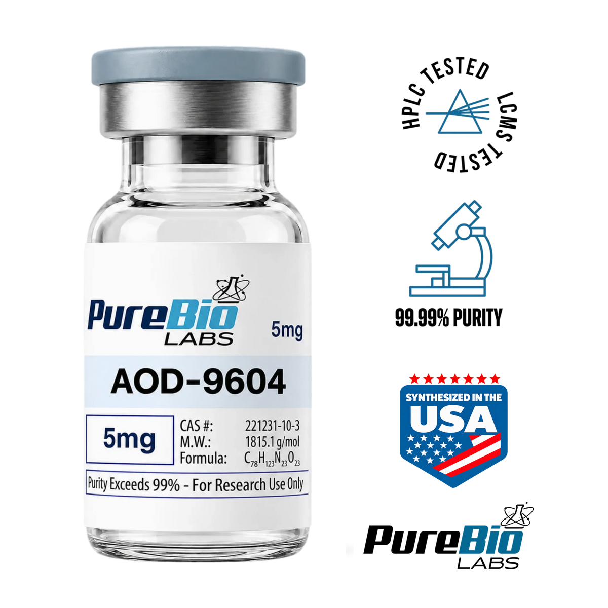 AOD-9604 VIAL 5mg high-purity lyophilized peptide for lab research in sterile sealed vial