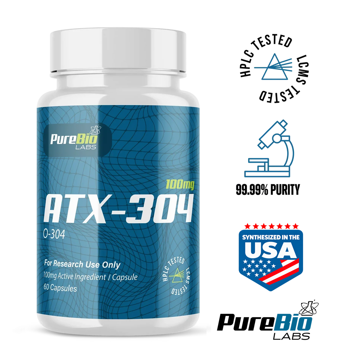 ATX-304 Capsules 100mg bottle with HPLC and LCMS tested, 99.99% purity and Synthesized In USA badges