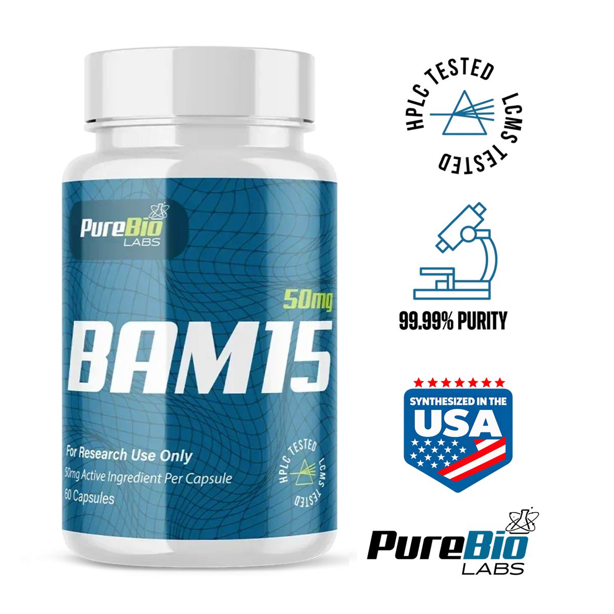 BAM15 research capsules bottle, rear label with research use only statement, Pure Bio Labs