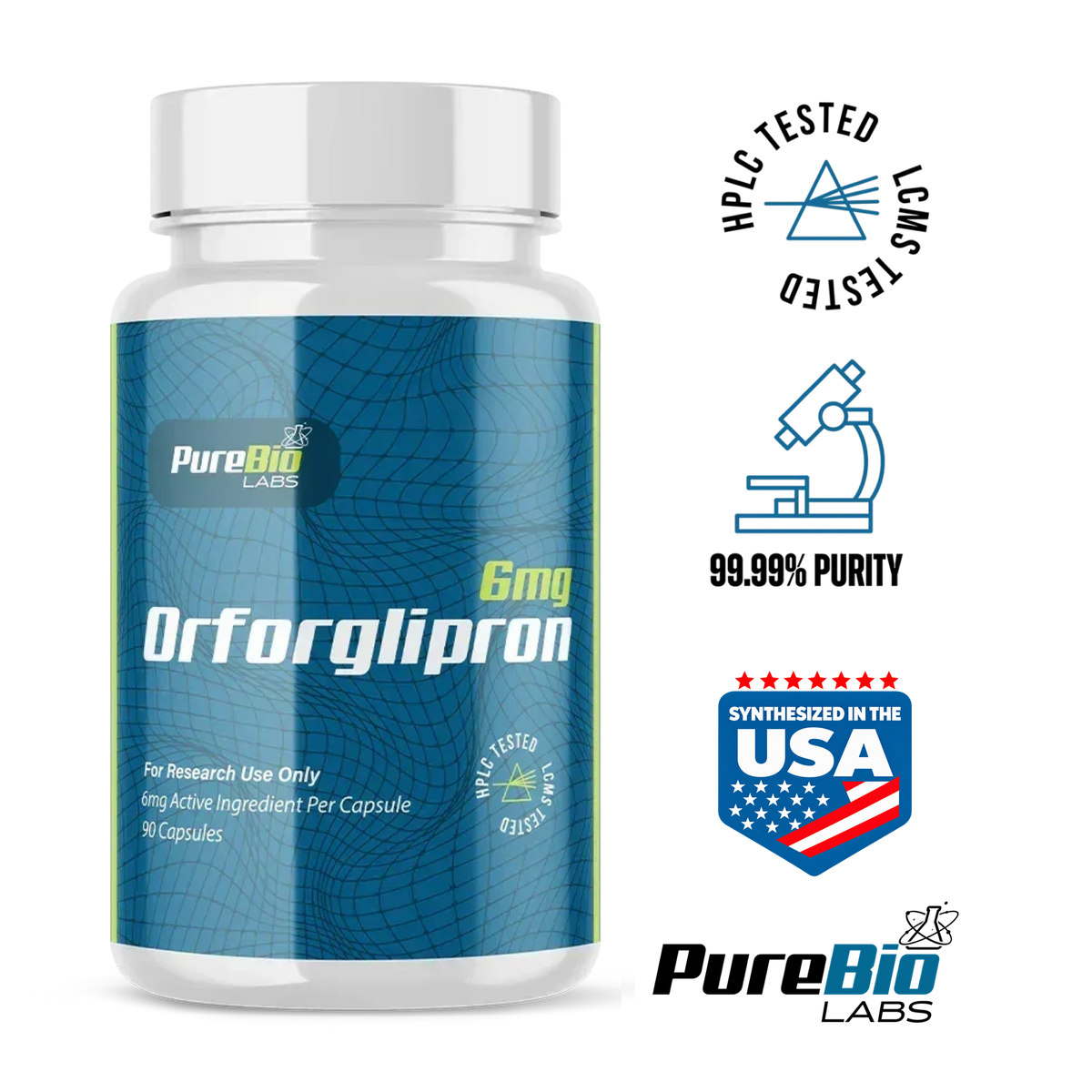Orforglipron research capsules bottle, label detail, Pure Bio Labs