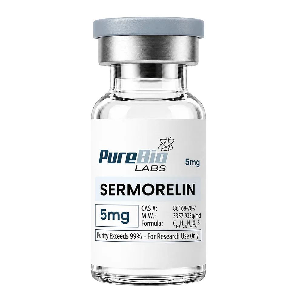 A glass vial of Pure Bio Labs Sermorelin 5mg with a white label, silver metal collar, and gray cap on a white background.