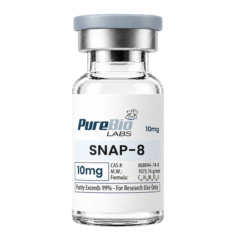 A glass vial of Pure Bio Labs SNAP-8 10mg with a white label, silver metal collar, and gray cap on a white background.