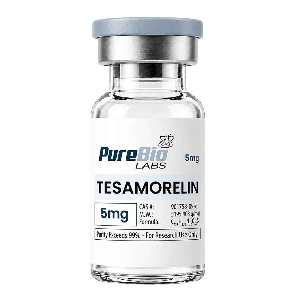 A glass vial of Pure Bio Labs Tesamorelin 5mg with a white label, silver metal collar, and gray cap on a white background.