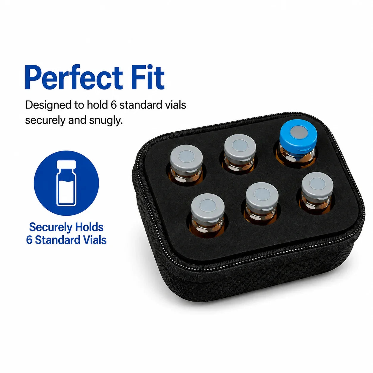 Peptide vial travel case with 6 slots, hard shell and carbon-fiber finish for secure peptide storage on the go