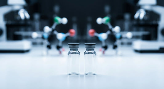 Two glass research vials placed side by side on a laboratory bench under cool clinical lighting, with blurred scientific equipment in the background.