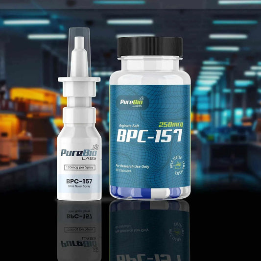 BPC-157 peptide illustration with research info and format options from Pure Bio Labs