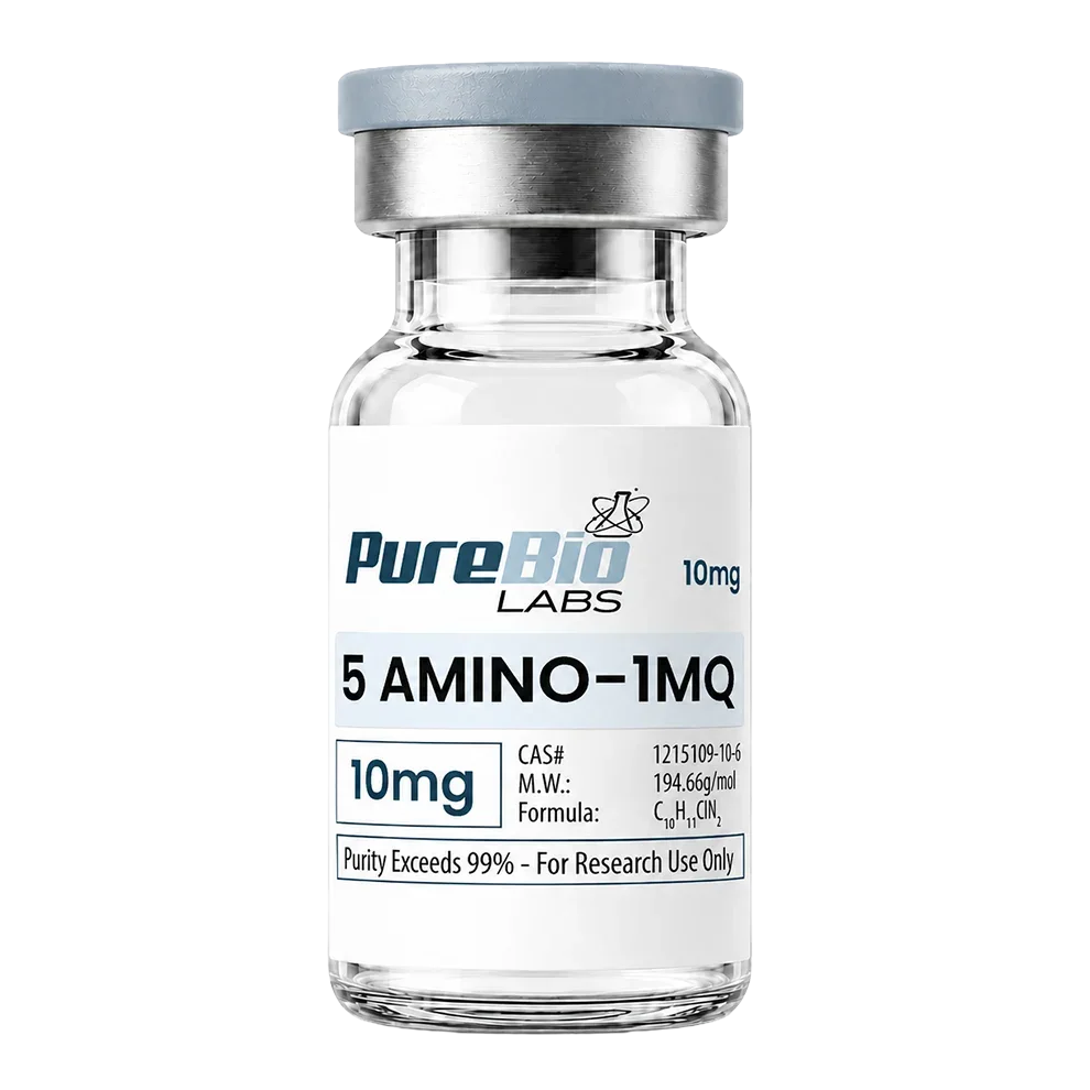 A glass vial of Pure Bio Labs 5-Amino-1MQ 10mg with a white label, silver metal collar, and gray cap on a white background.