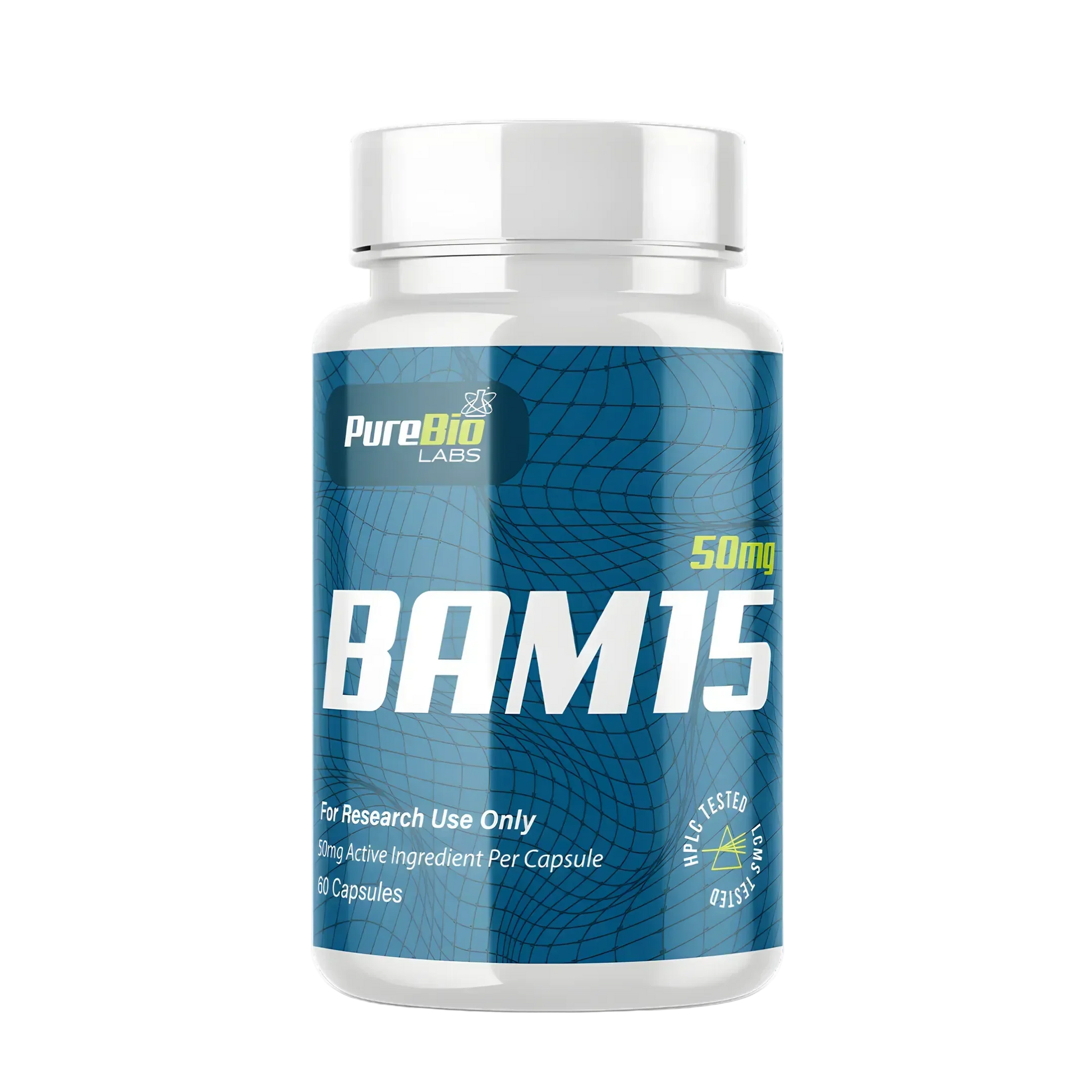 Bottle of PureBio Labs BAM15 supplement with label details on a white background