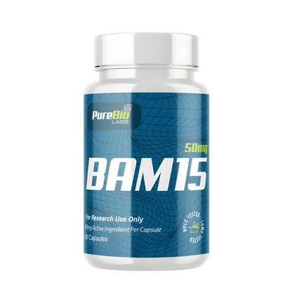Bottle of PureBio Labs BAM15 supplement with label details on a white background