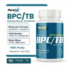 BPC/TB supplement bottle with PureBio Labs branding on a white background