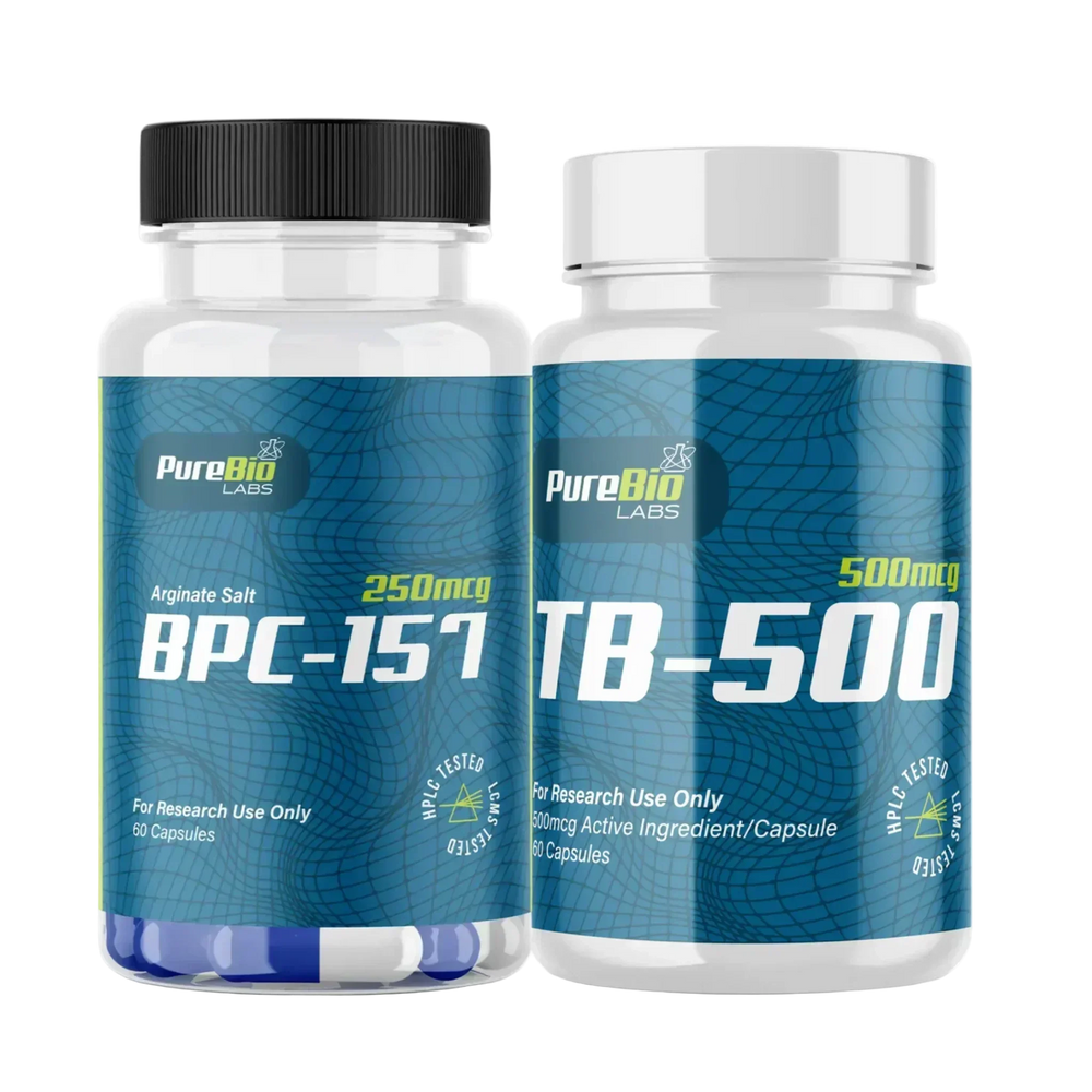 BPC-157 and TB-500 research capsule set, two bottles, Pure Bio Labs