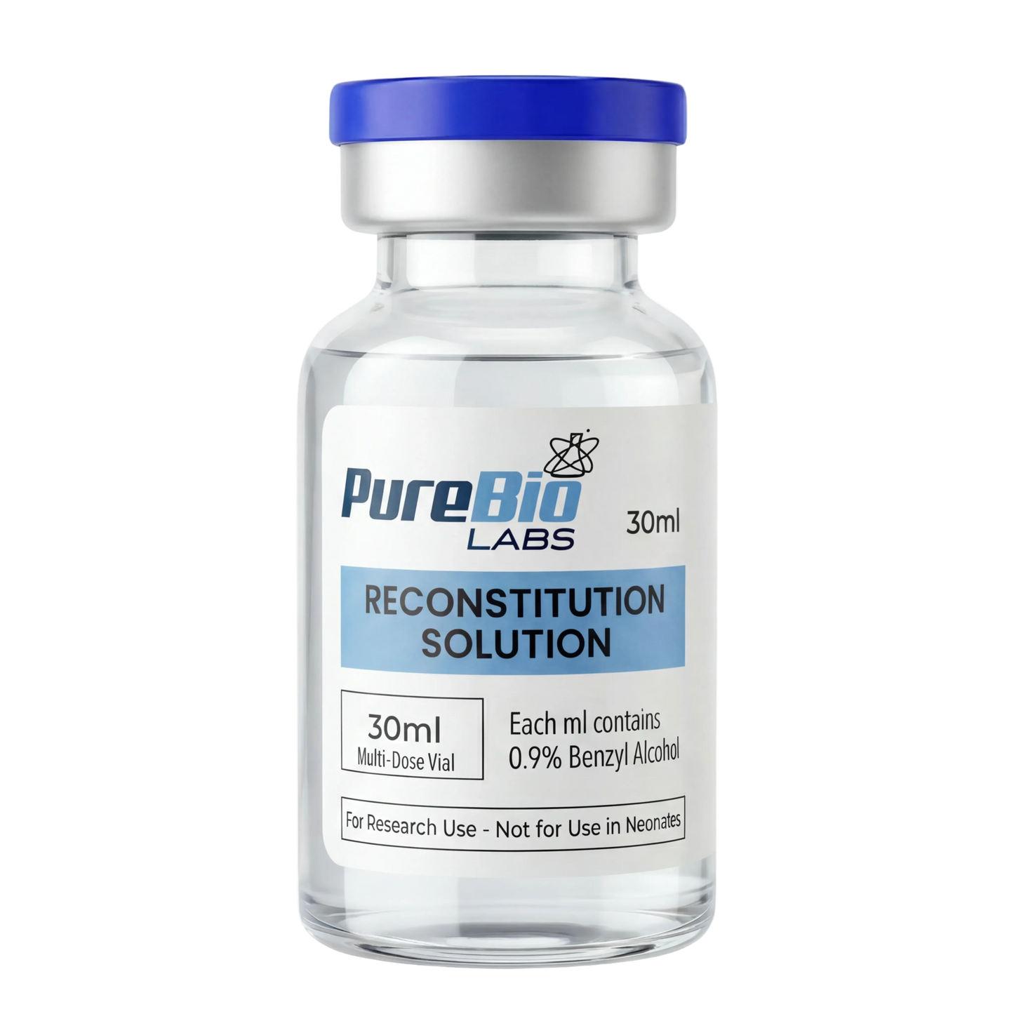 30ml vial of sterile bacteriostatic water with 0.9% benzyl alcohol for laboratory use