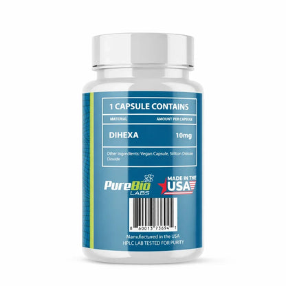 Dihexa back bottle labeled 'PureBio Labs' with blue label and white cap on a white background