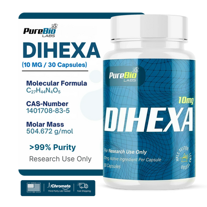 DIHEXA peptide bottle with PureBio Labs branding on a white background