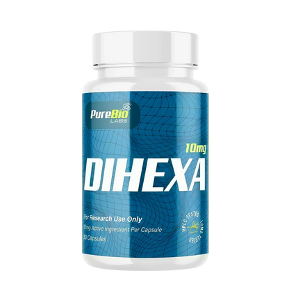 Peptide bottle labeled 'DIHEXA' by Pure Bio Labs on a white background