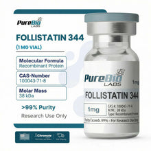 Vial of Follistatin 344 from PureBio Labs with product details on a white background