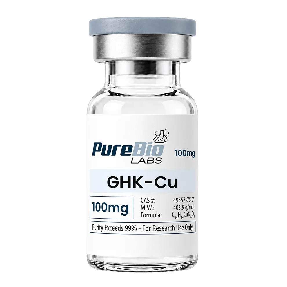 A glass vial of Pure Bio Labs GHK-Cu 100mg with a white label, silver metal collar, and gray cap on a white background.