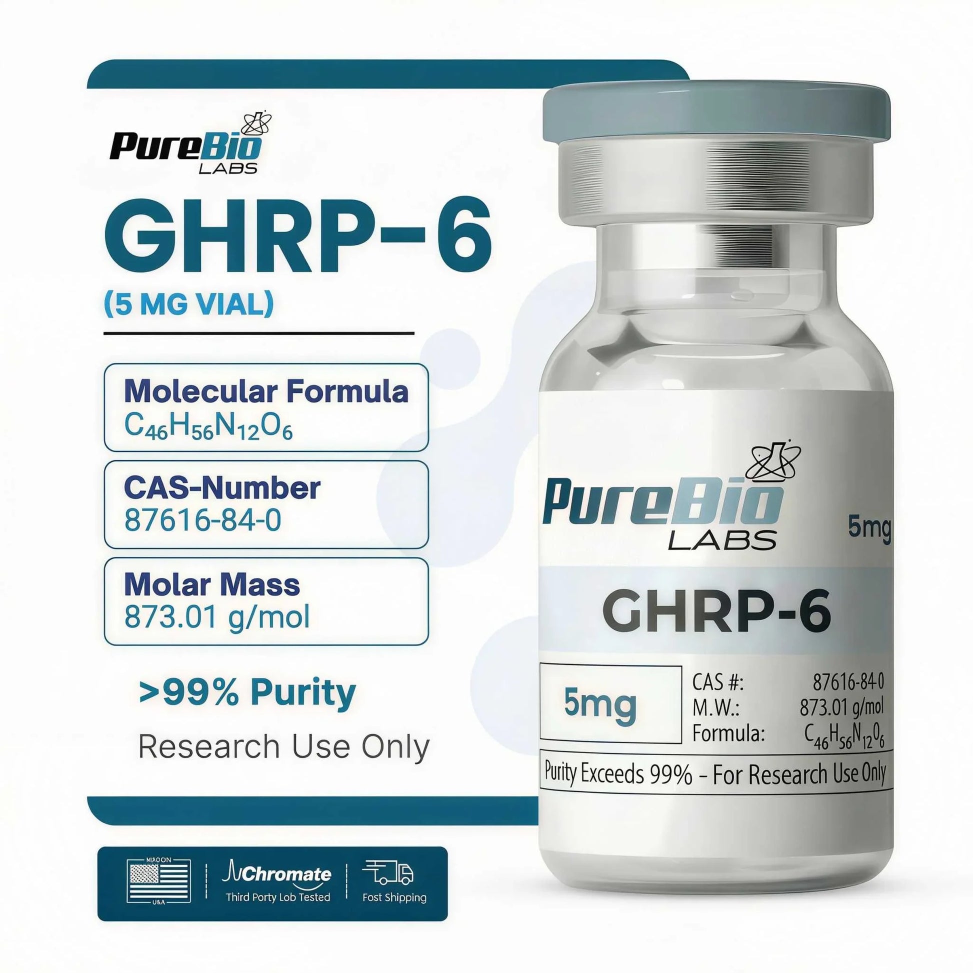 GHRP-6 vial with PureBio Labs branding on a white background