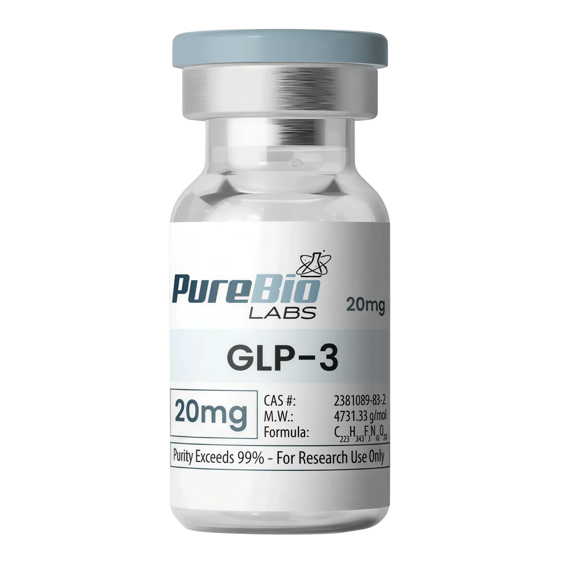 GLP-3 20mg research peptide vial with label details including formula and purity