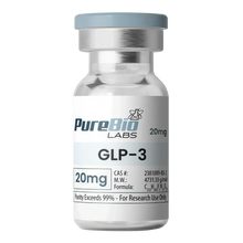 GLP-3 20mg research peptide vial with label details including formula and purity