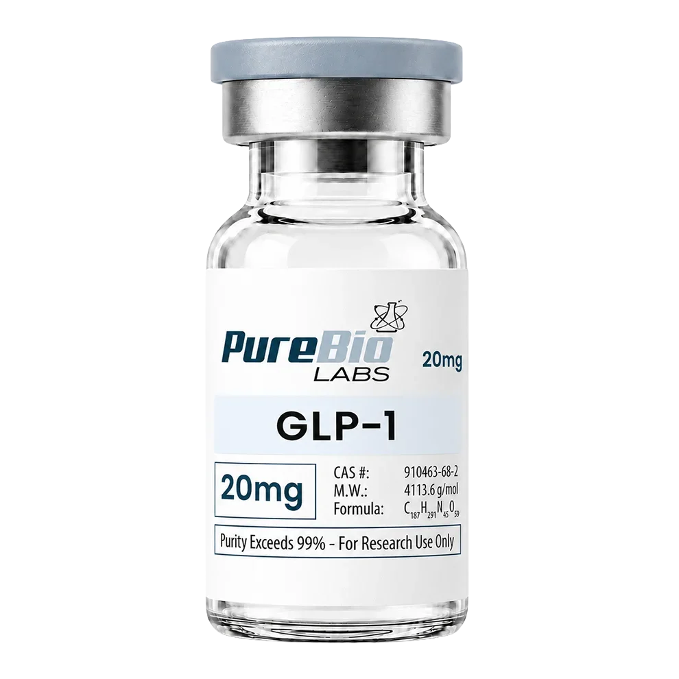 A glass vial of Pure Bio Labs GLP-1 20mg with a white label, silver metal collar, and gray cap on a white background.