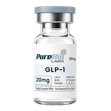 A glass vial of Pure Bio Labs GLP-1 20mg with a white label, silver metal collar, and gray cap on a white background.
