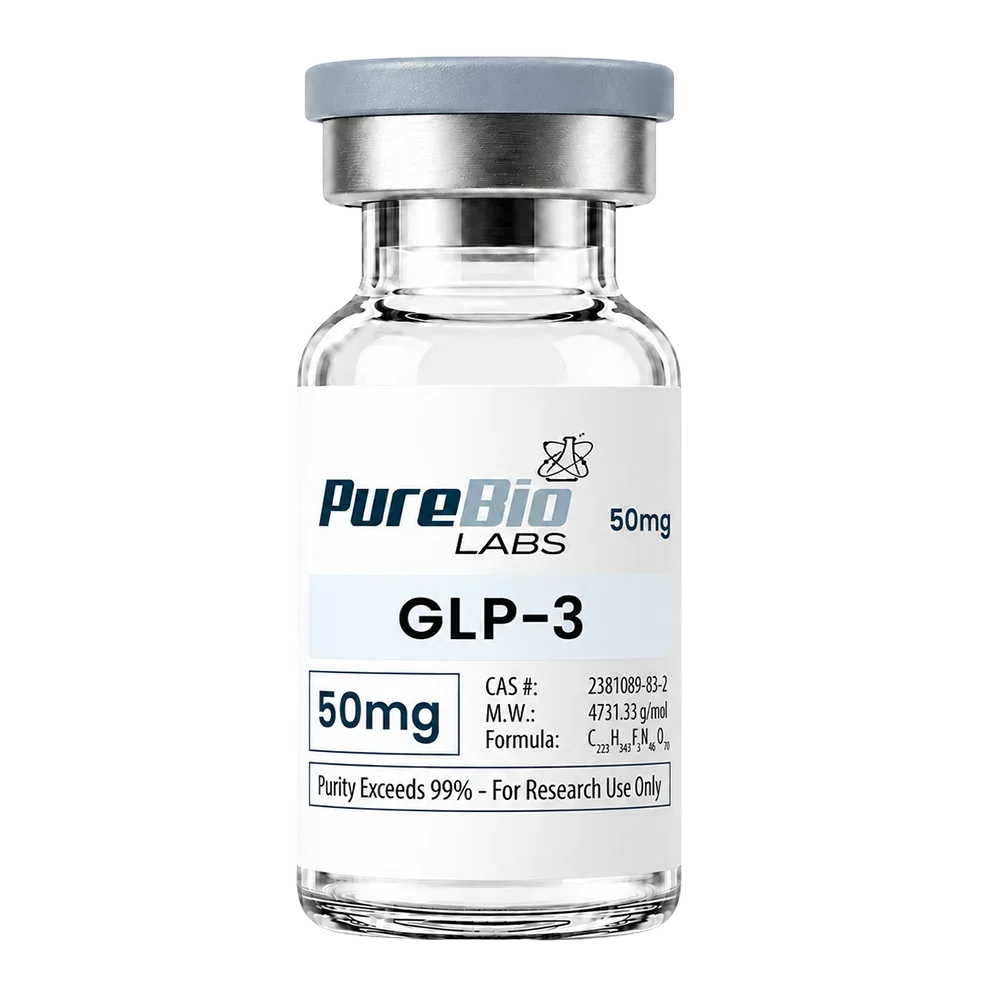 A glass vial of Pure Bio Labs GLP-3 50mg with a white label, silver metal collar, and gray cap on a white background.