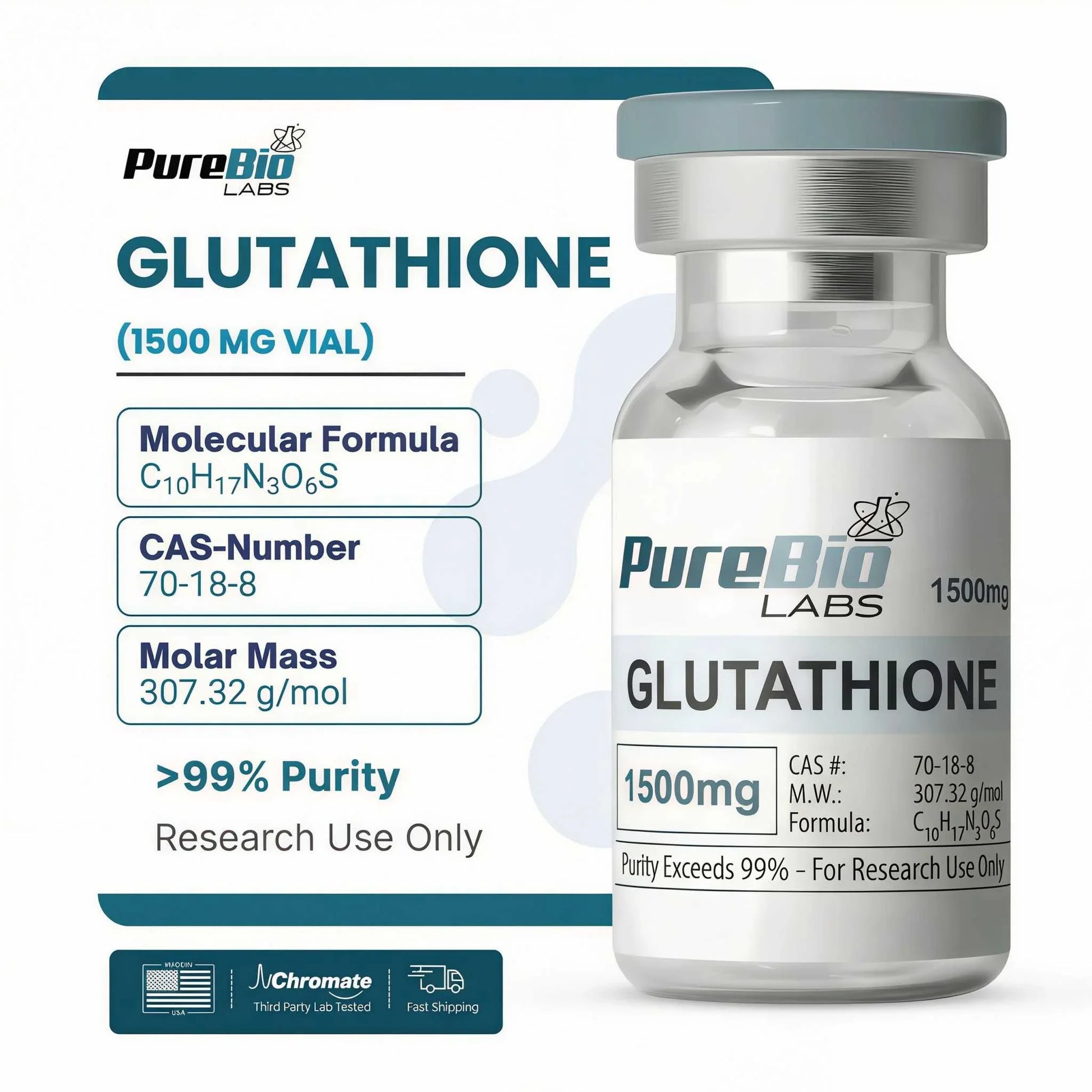 Vial of PureBio Labs Glutathione with product details on a white background