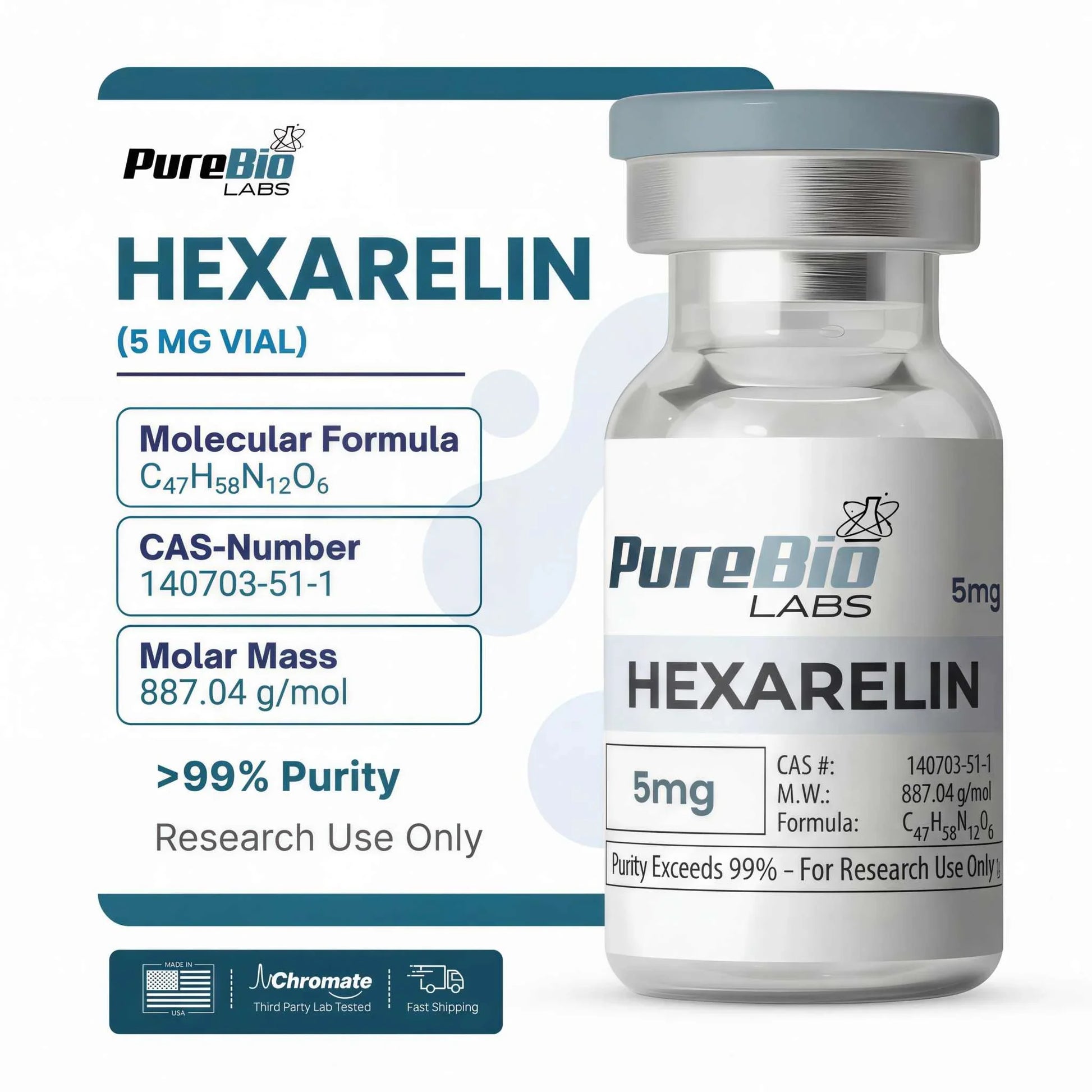Hexarelin vial from PureBio Labs with product details on a white background
