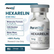 Hexarelin vial from PureBio Labs with product details on a white background