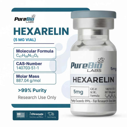 Hexarelin vial from PureBio Labs with product details on a white background
